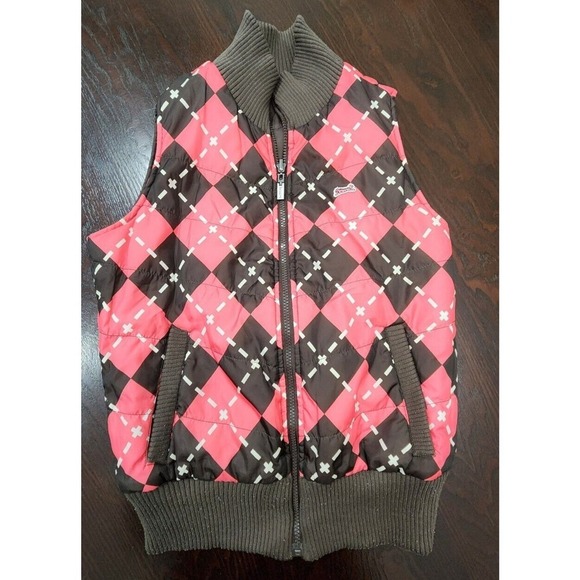 Vintage Le Tigre Women Reversible‎ Puffer Vest Pink Argyle Y2K Mock Neck M - Picture 7 of 14